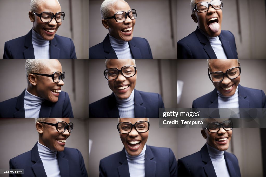 Woman making faces with funny retro glasses.