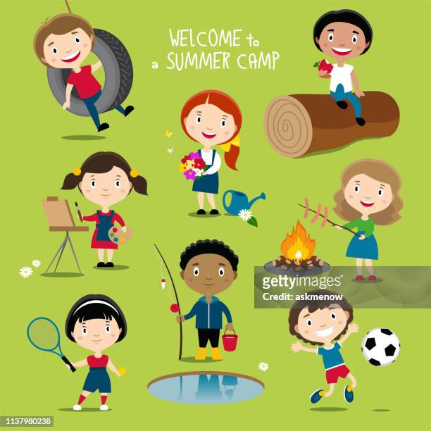 summer outdoor activities for kids - girls playing soccer stock illustrations