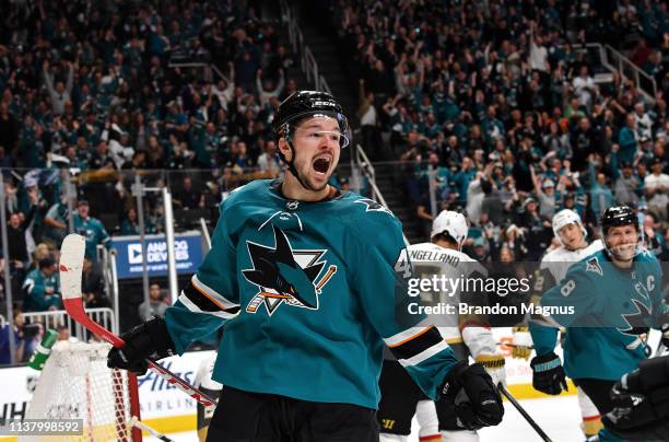 Tomas Hertl of the San Jose Sharks celebrates scoring a goal against the Vegas Golden Knights in Game Five of the Western Conference First Round...