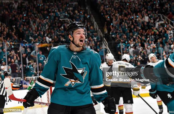 Tomas Hertl of the San Jose Sharks celebrates scoring a goal against the Vegas Golden Knights in Game Five of the Western Conference First Round...