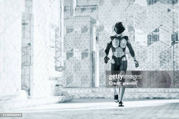 futuristic city street with walking cyborg - android stock pictures, royalty-free photos & images