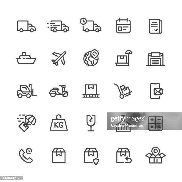 delivery icons set - transporting commodities plane stock illustrations