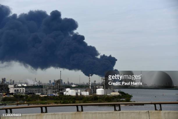 Fire at a Intercontinental Terminals Company tank farm in Deer Park spews smoke and benzene from a chemical storage site that erupted in flames on...