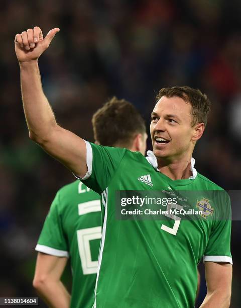 Jonny Evans of Northern Ireland celebrates after scoring his team's first goal during the 2020 UEFA European Championships Group C qualifying match...