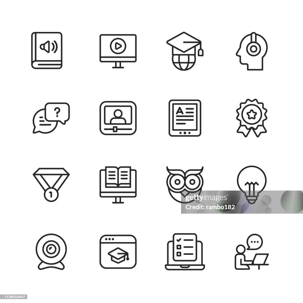 Iconos de línea de E-Learning. Trazo editable. Pixel Perfect. Para móvil y Web. Contiene iconos como libro, audiolibro, webinar, educación en línea, trofeo.