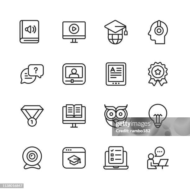 e-learning line icons. editable stroke. pixel perfect. for mobile and web. contains such icons as book, audiobook, webinar, online education, trophy. - business training classroom stock illustrations