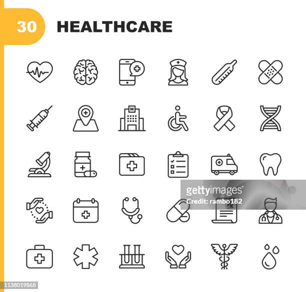 stockillustraties, clipart, cartoons en iconen met gezondheidszorg lijn iconen. bewerkbare lijn. pixel perfect. voor mobiel en web. bevat iconen zoals ziekenhuis, dokter, verpleegkundige, medische hulp, tandheelkundige - gezondheidszorg en medicijnen