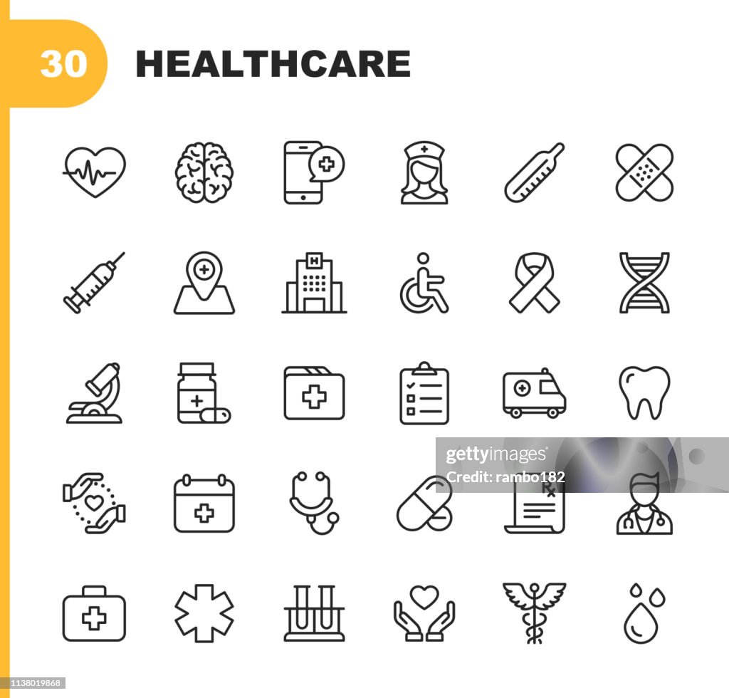 Ícones da linha dos cuidados médicos. Traçado editável. Pixel perfeito. Para Mobile e Web. Contem tais ícones como hospital, Doutor, enfermeira, ajuda médica, dental