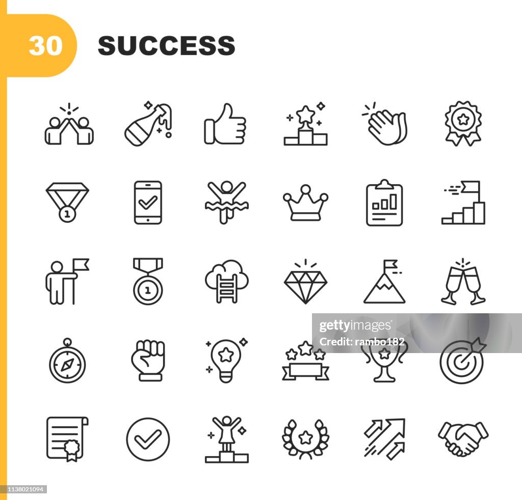 Success and Awards Line Icons. Editable Stroke. Pixel Perfect. For Mobile and Web. Contains such icons as Champagne, High Five, Finish Line, Handshake, Medal.