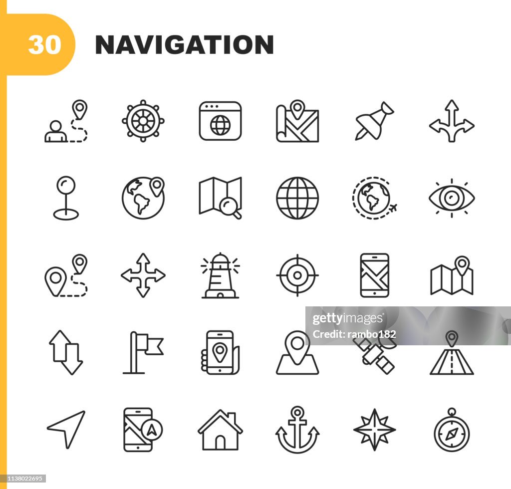 Navigatielijn iconen. Bewerkbare lijn. Pixel perfect. Voor mobiel en web. Bevat dergelijke pictogrammen als tijdelijke aanduiding, kompasroos, kaart, richting, navigatie doel.
