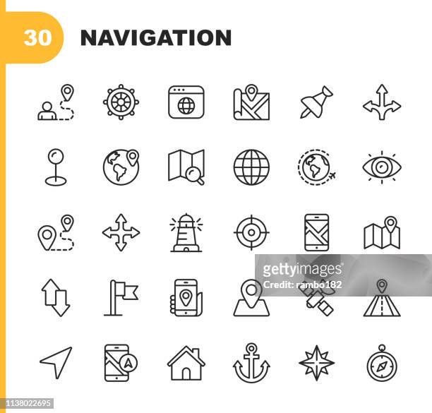 navigation line icons. editable stroke. pixel perfect. for mobile and web. contains such icons as placeholder, compass rose, map, direction, navigation target. - travel destinations stock illustrations