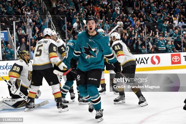 Tomas Hertl of the San Jose Sharks celebrates scoring a goal against the Vegas Golden Knights in Game Five of the Western Conference First Round...