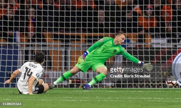 Nico Schulz of Germany scores his team's third goal during the 2020 UEFA European Championships group C qualifying match between Netherlands and...