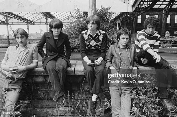 English rock group The Fall at Manchester Central railway station, 1978. Left to right: bassist Marc Riley, keyboard player Yvonne Pawlett, singer...