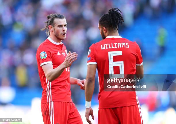 Gareth Bale with Ashley Williams of Wales after the 2020 UEFA European Championships group E qualifying match between Wales and Slovakia at Cardiff...