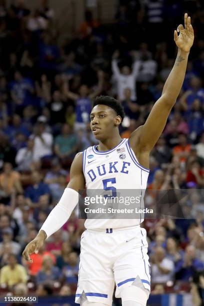 Barrett of the Duke Blue Devils celebrates a three point basket against the UCF Knights during the first half in the second round game of the 2019...