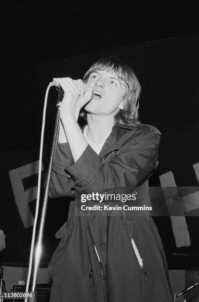 Singer and lyricist Mark E Smith performing with The Fall, at the Mayflower Club, Manchester, 29th July 1979.