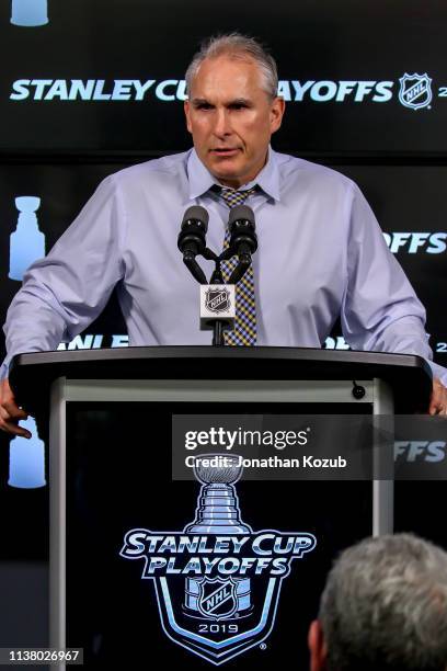 Head Coach Craig Berube of the St. Louis Blues answers questions in the post-game press conference following a 3-2 victory over the Winnipeg Jets in...