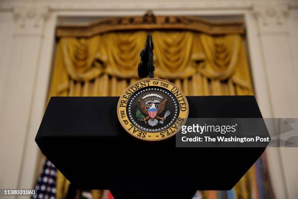 The Presidential podium is seen prior President Donald Trump speaking during the Wounded Warrior Project Soldier Ride event in the East Room of the...