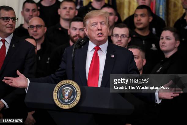 President Donald Trump speaks during a Wounded Warrior Project Soldier Ride event in the East Room of the White House on April 18, 2019 in...