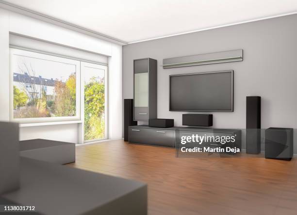 living room design 3d - lcd tv stock pictures, royalty-free photos & images