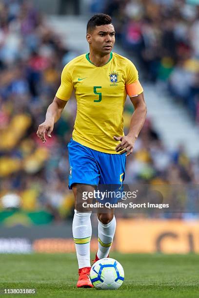 Carlos Casemiro of Brazil in action during the International Friendly match between Brazil and Panama at Estadio do Dragao on March 23, 2019 in...