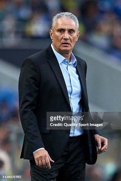 Adenor Leonardo Bacchi 'Tite' the manager of Brazil reacts during the International Friendly match between Brazil and Panama at Estadio do Dragao on...