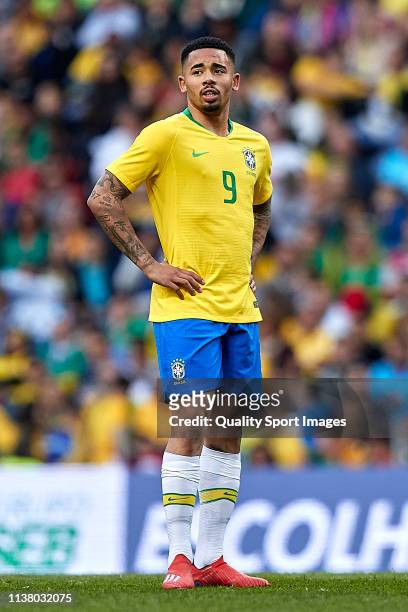 Gabriel Jesus of Brazil looks on during the International Friendly match between Brazil and Panama at Estadio do Dragao on March 23, 2019 in Porto,...