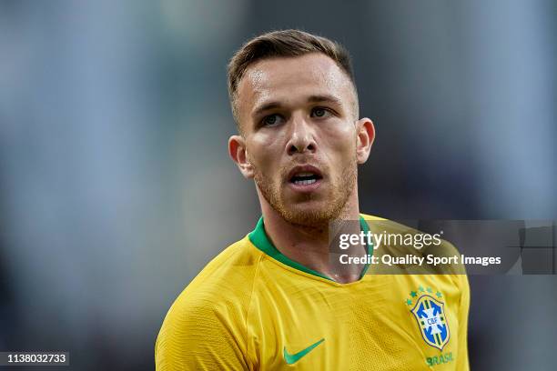 Arthur Melo of Brazil looks on during the International Friendly match between Brazil and Panama at Estadio do Dragao on March 23, 2019 in Porto,...