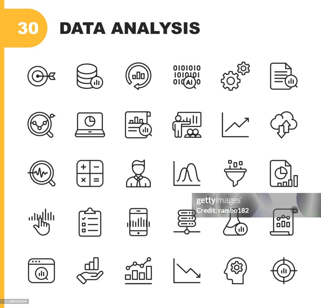 Data Analysis Line Icons. Editable Stroke. Pixel Perfect. For Mobile and Web. Contains such icons as Artificial Intelligence, Big Data, Cloud Computing, Chart, Business Analyst.