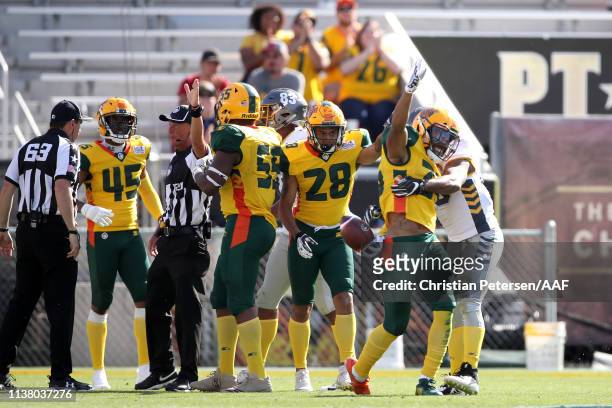 Shaquille Richardson of the Arizona Hotshots celebrates his interception late in the game against the San Diego Fleet during the second half of the...
