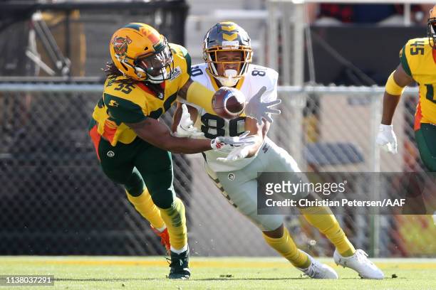 Shaquille Richardson of the Arizona Hotshots intercepts a ball intended for Kyle Lewis of the San Diego Fleet during the second half of the Alliance...