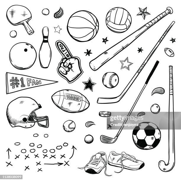 ilustrações de stock, clip art, desenhos animados e ícones de sports doodles - equipamento desportivo