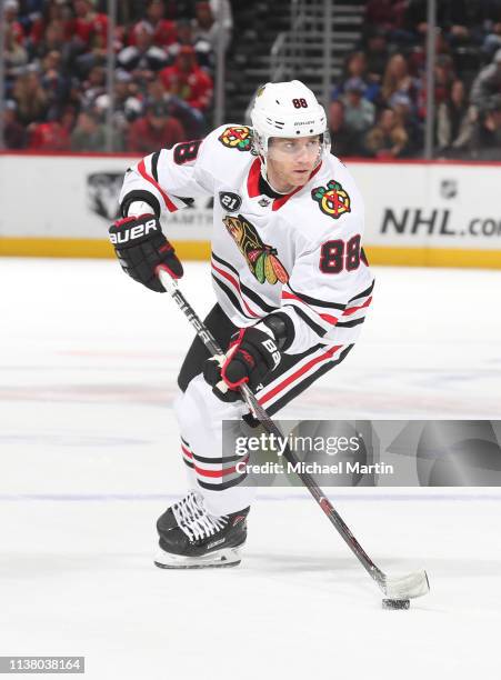 Patrick Kane of the Chicago Blackhawks skates against the Colorado Avalanche at the Pepsi Center on March 23, 2019 in Denver, Colorado. The Avalanche...