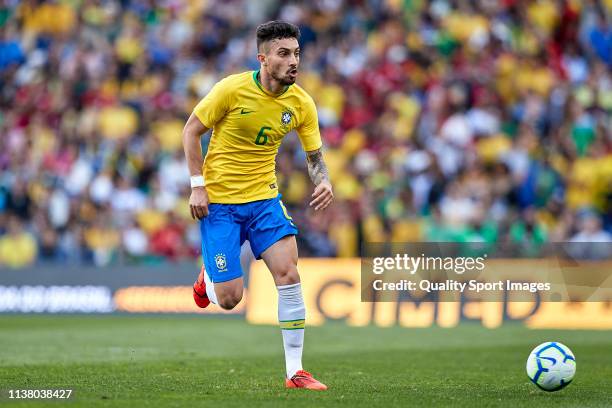 Alex Telles of Brazil in action during the International Friendly match between Brazil and Panama at Estadio do Dragao on March 23, 2019 in Porto,...