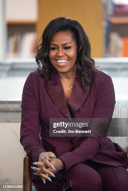 Michelle Obama speaks with a local book group about her book "Becoming" at the Tacoma Public Library main branch on March 24, 2019 in Tacoma,...