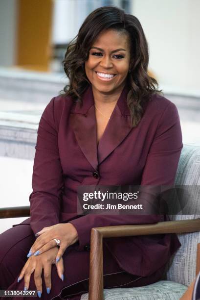 Michelle Obama speaks with a local book group about her book "Becoming" at the Tacoma Public Library main branch on March 24, 2019 in Tacoma,...