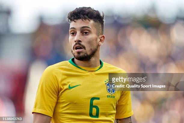 Alex Telles of Brazil looks on during the International Friendly match between Brazil and Panama at Estadio do Dragao on March 23, 2019 in Porto,...