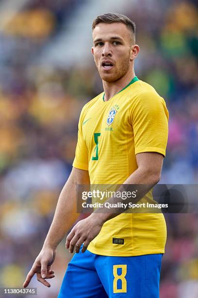 Arthur Melo of Brazil looks on during the International Friendly match between Brazil and Panama at Estadio do Dragao on March 23, 2019 in Porto,...