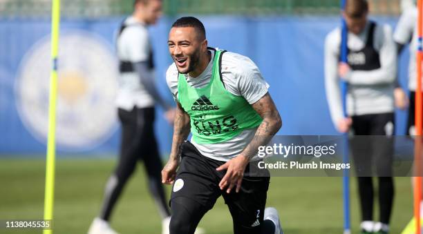 Danny Simpson of Leicester City during the Leicester City training session at Belvoir Drive Training Complex on April 19, 2019 in Leicester, United...