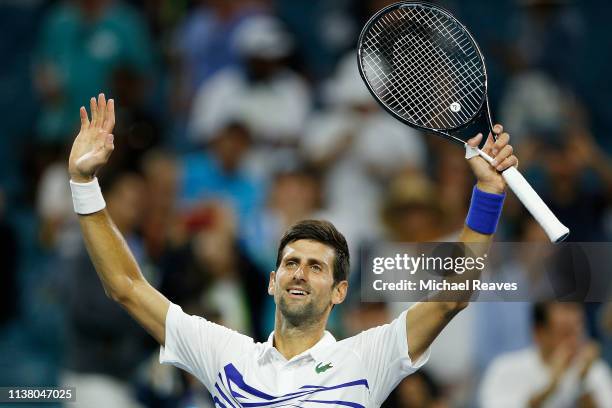 Novak Djokovic of Serbia reacts after defeating Federico Delbonis of Argentina on Day 7 of the Miami Open Presented by Itau at Hard Rock Stadium on...