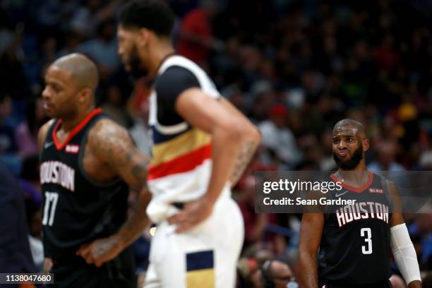 Chris Paul of the Houston Rockets reacts to a call during the first half of a game against the New Orleans Pelicans at the Smoothie King Center on...