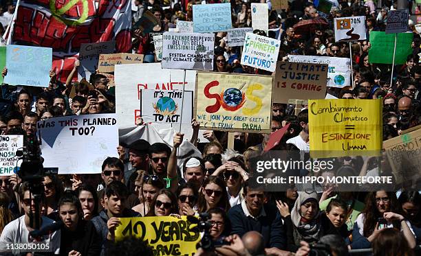 Students and people take part in the Fridays For Future rally in Piazza del Popolo in Rome on April 19 to demand action to prevent further global...