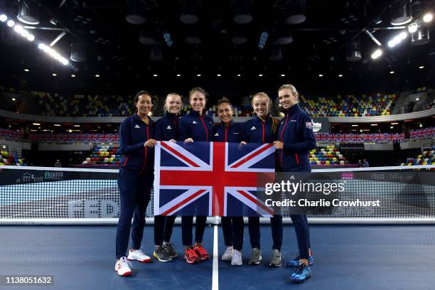 Anne Keothavong, Great Britain Captain, Harriet Dart, Johanna Konta, Heather Watson, Katie Swan and Katie Boulter pose for a team photo after the...