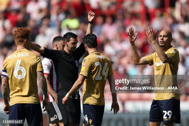 Yohan Benalouane of Nottingham Forest is shown a Red Cad by match referee Andrew Madley during the Sky Bet Championship fixture between Sheffield...