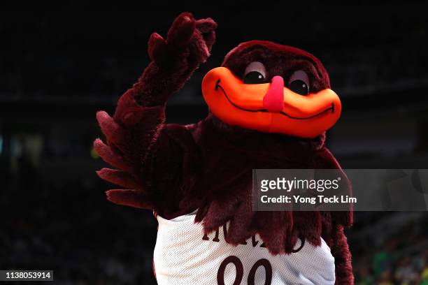 The Virginia Tech Hokies mascot walks on the court in the second half against the Liberty Flames during the second round of the 2019 NCAA Men's...