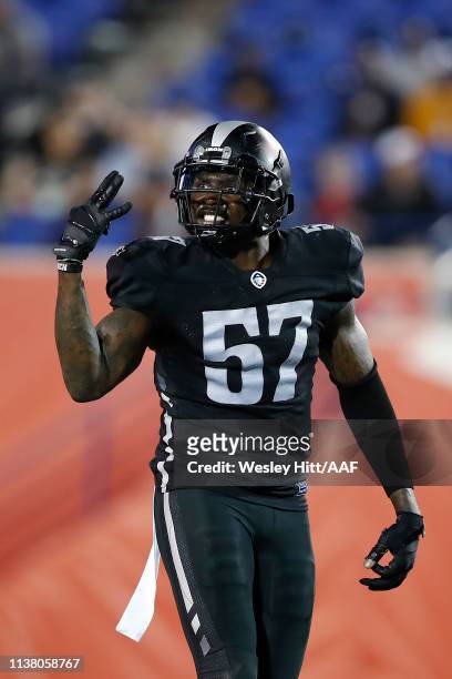 Jonathan Massaquoi of the Birmingham Iron reacts as they take on the Memphis Express during the second quarter of their Alliance of American Football...