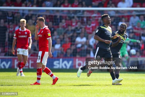 Tyrese Campbell of Shrewsbury Town celebrates after scoring a goal to make it 1-1 during the Sky Bet League One match between Barnsley and Shrewsbury...