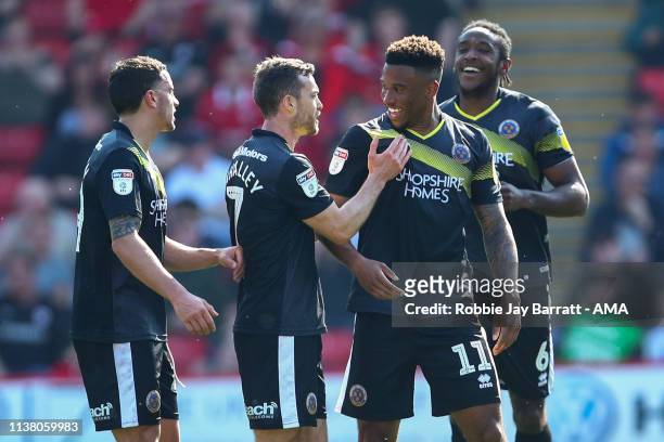 Tyrese Campbell of Shrewsbury Town celebrates after scoring a goal to make it 1-1 during the Sky Bet League One match between Barnsley and Shrewsbury...