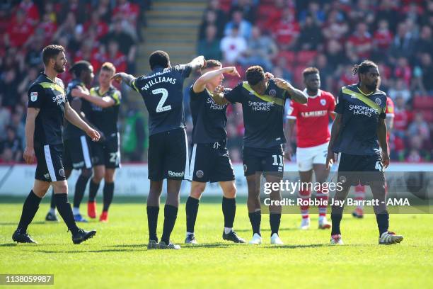 Tyrese Campbell of Shrewsbury Town celebrates after scoring a goal to make it 1-1 during the Sky Bet League One match between Barnsley and Shrewsbury...